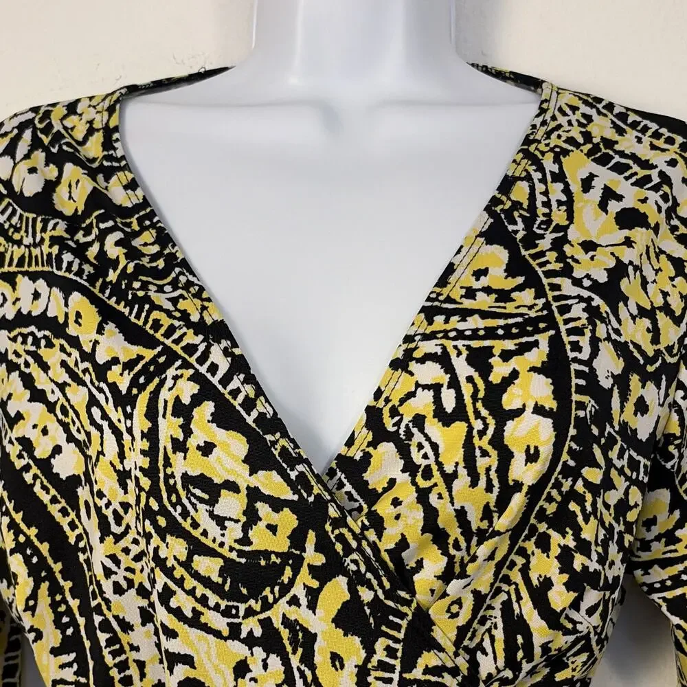 Emma & Michele Black Yellow White Paisley Wrap Dress V-Neck 3/4 Sleeve M
